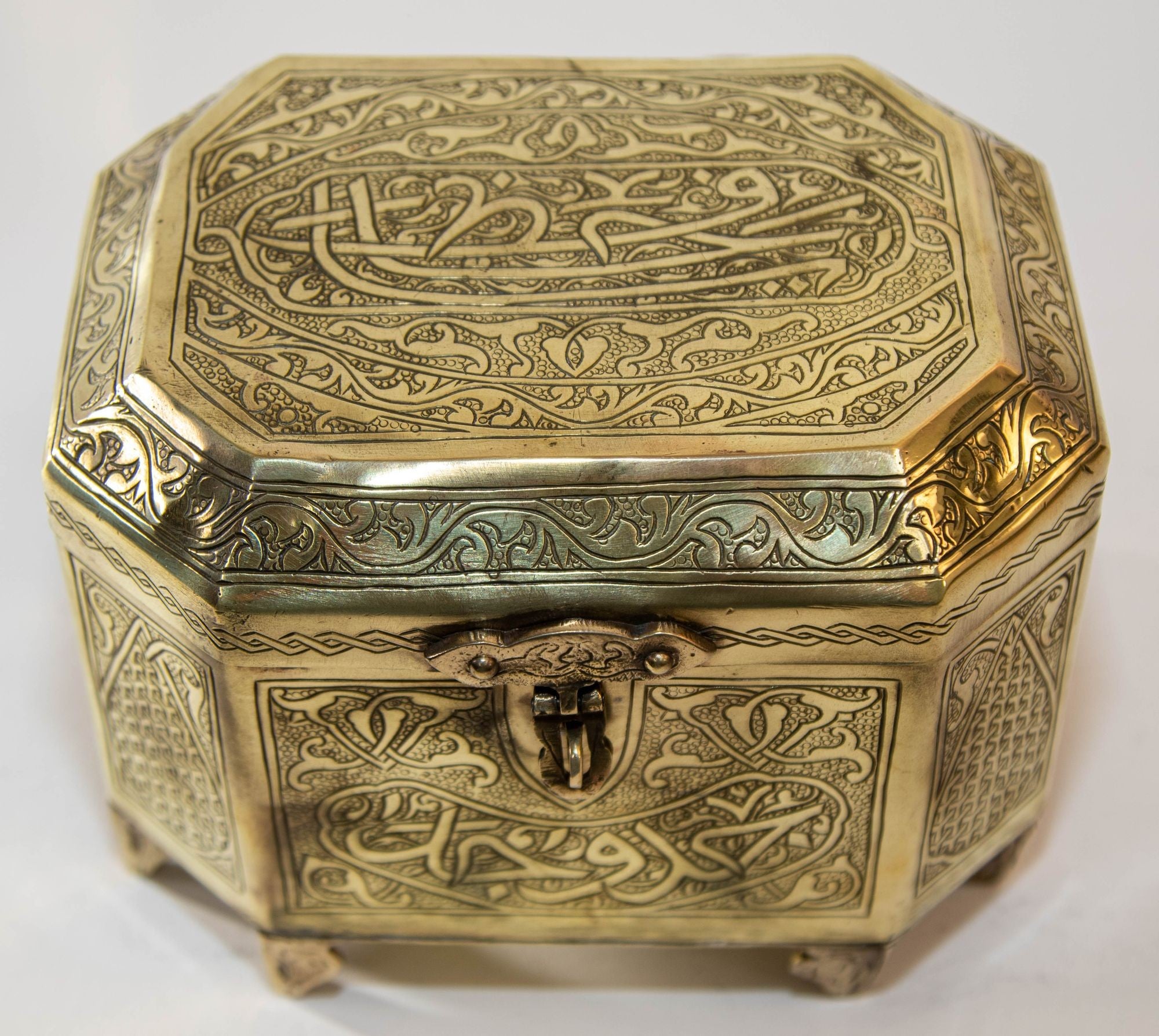 Persian Brass Jewelry Box in Mamluk Revival Damascene Moorish Islamic Style 1920