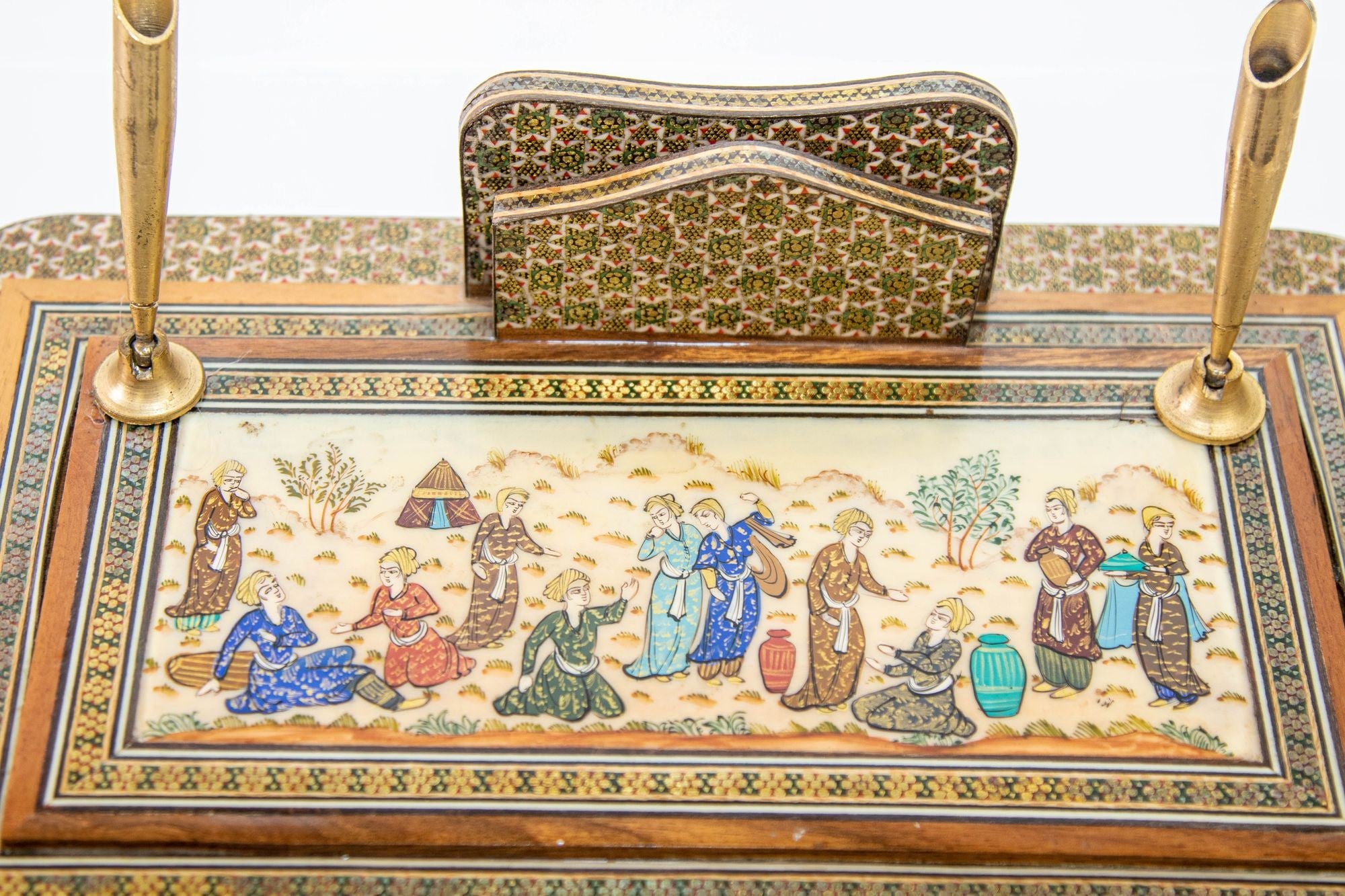 Vintage 1950s Persian Khatam Hand Painted Pen and Letter Desk Set