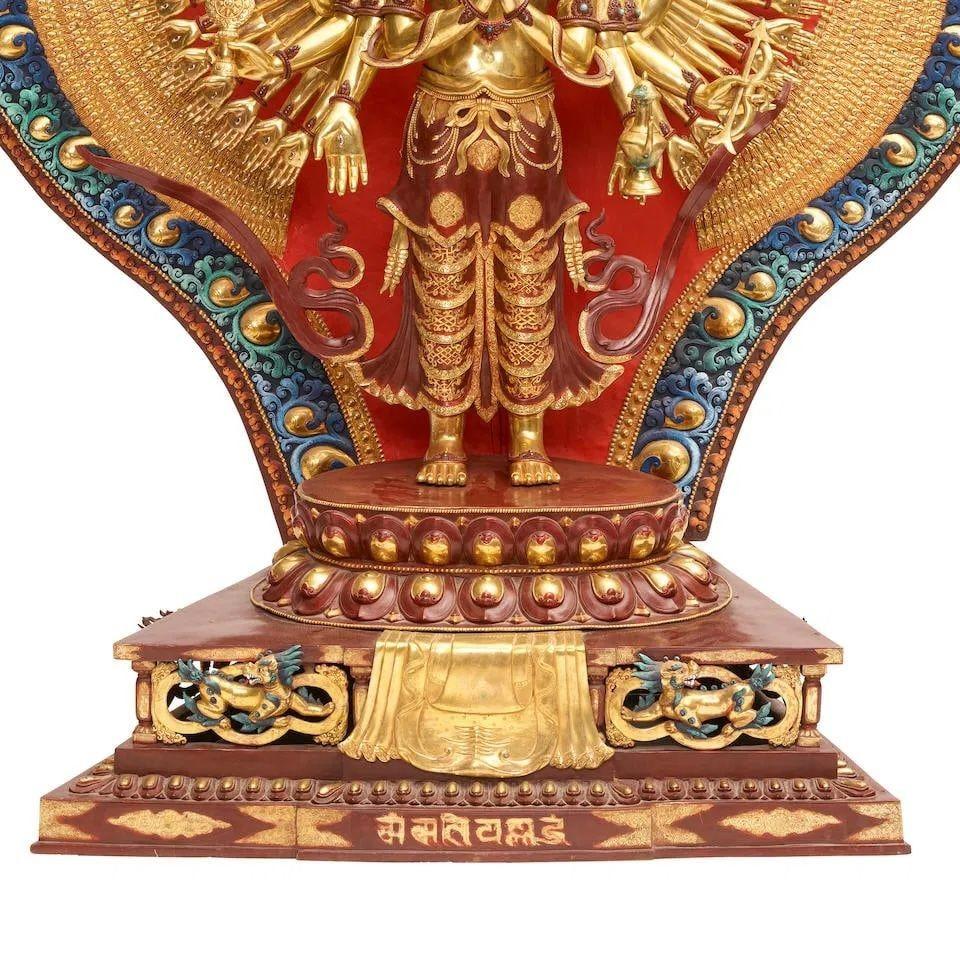 Handcrafted Oversized Gilt and Polychrome Copper Avalokiteshvara Statue, Nepal — detail view 3
