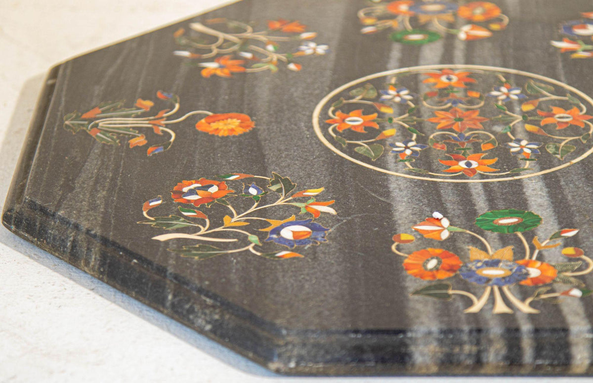 Mughal Rajasthani Black Marble Inlay Pietra Dura Table Top India — India