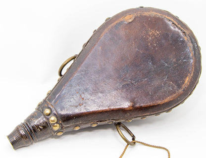 Antique Moroccan Carved Wood and Tooled Leather Powder Flask, 19th Century