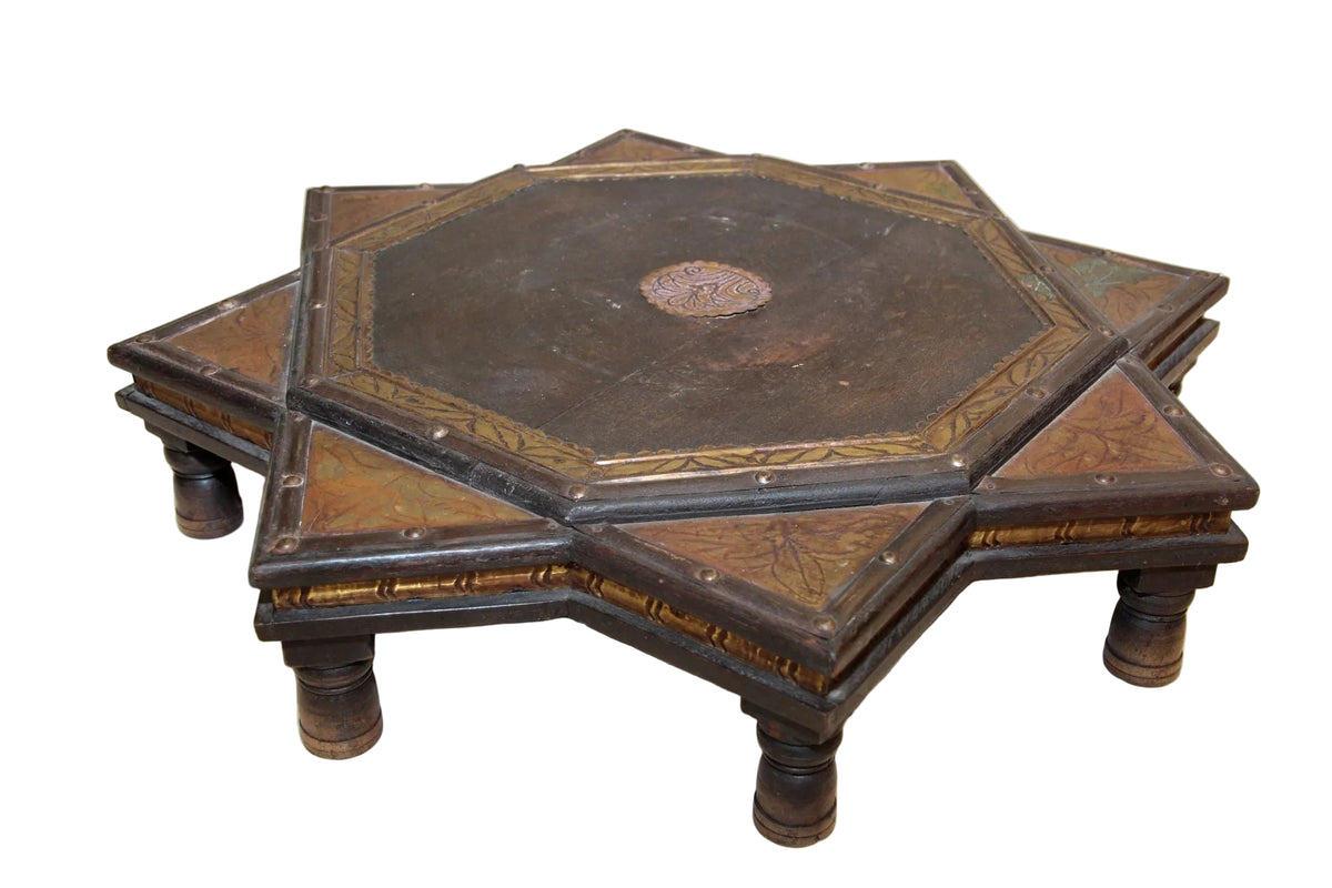 Indian Star Shape Wooden and Brass Low Coffee Table 1950s