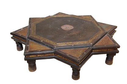 Indian Star Shape Wooden and Brass Low Coffee Table 1950s