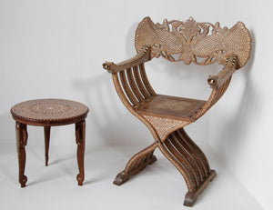 19th c. Anglo Indian Mughal Teak Bone Inlaid Round Side Table