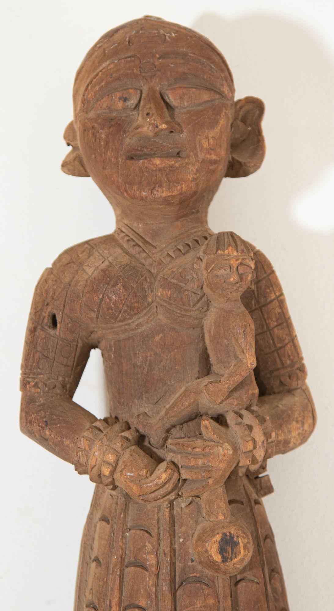 Antique Architectural Indian Carved Wood Temple Sculpture of Mother and Child — India