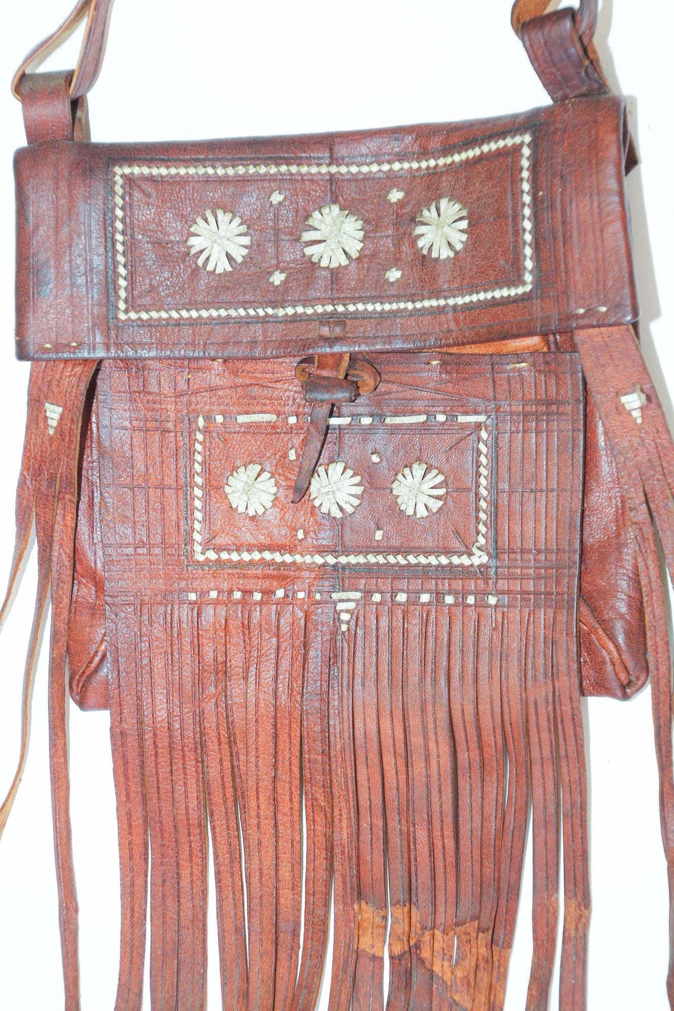 Moroccan Vintage Leather Handcrafted African Tuareg Bag with Fringes Wall Art