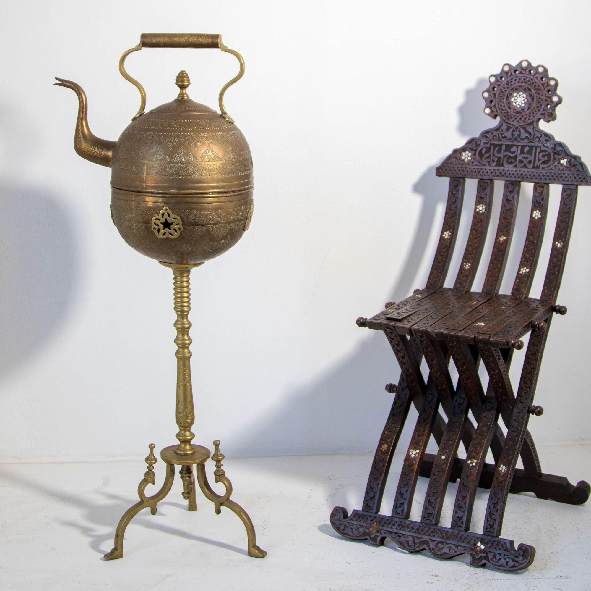 Antique Moroccan Brass Tea Kettle Pot on Stand 1930