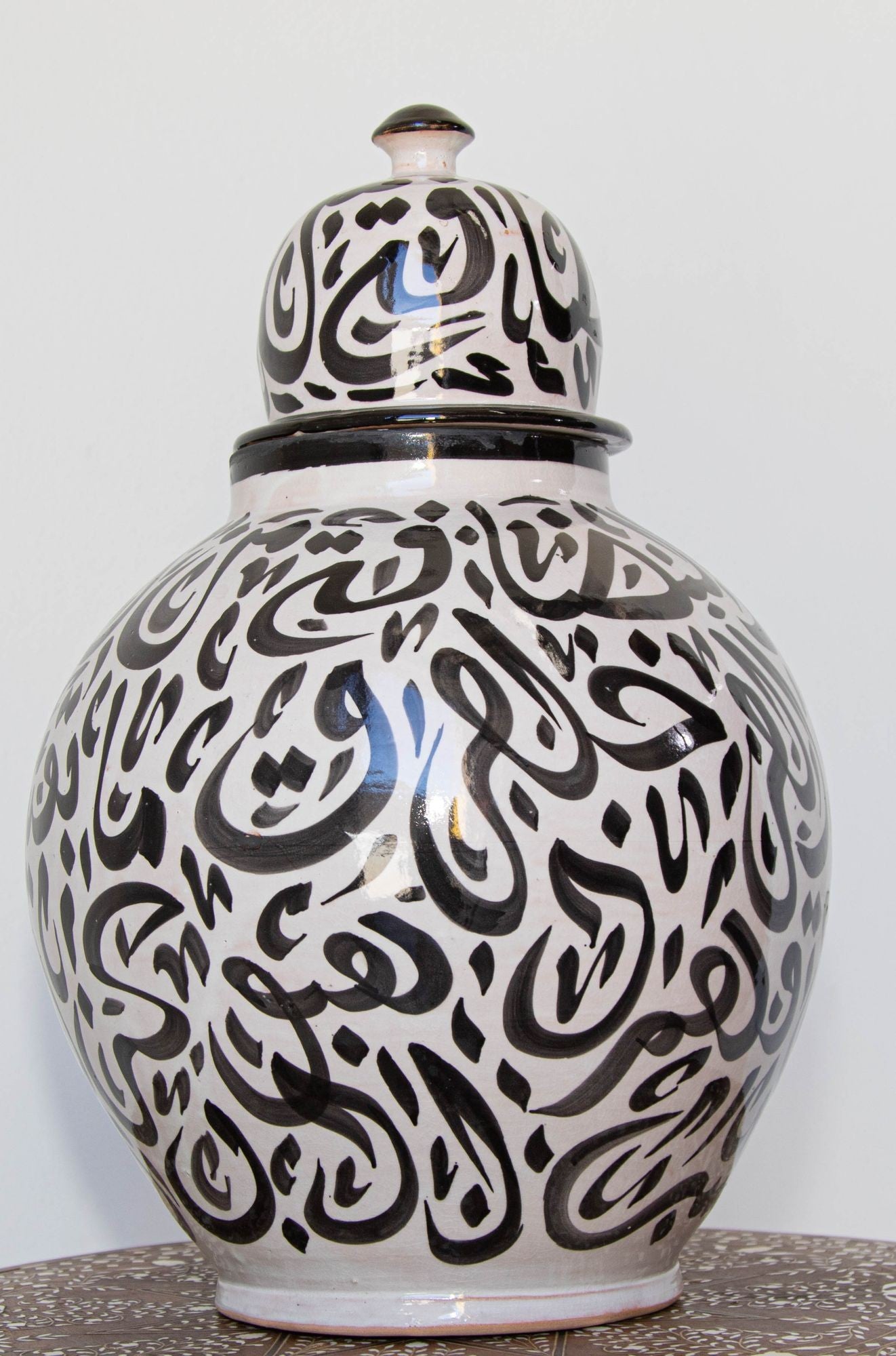 Moroccan Ceramic Lidded Urn with Arabic Calligraphy Black Writing, Fez