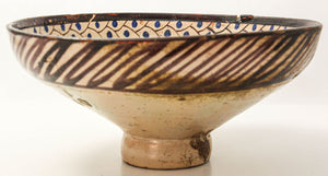 19th C. Moroccan Ceramic Bowl Polychrome Footed Dish Fez