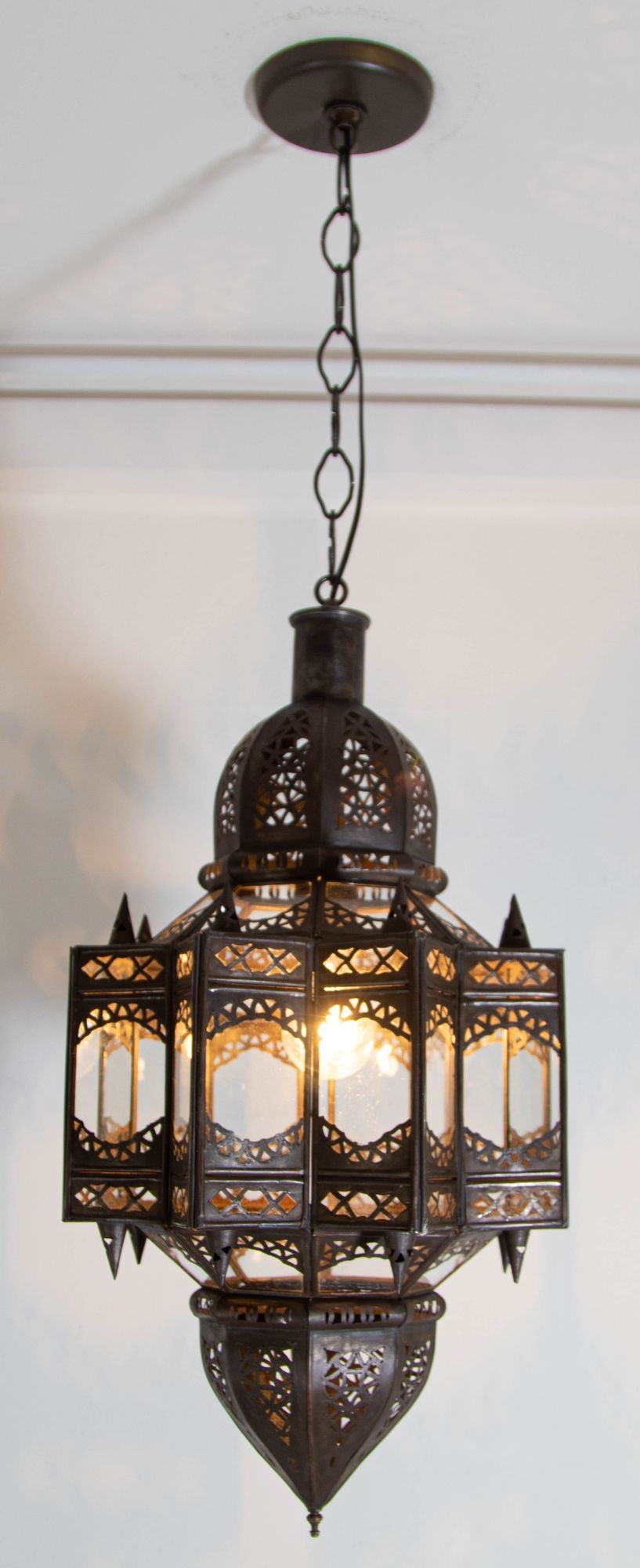 Vintage Moroccan Moorish Star Clear Glass & Pierced Metal Lantern, Marrakech