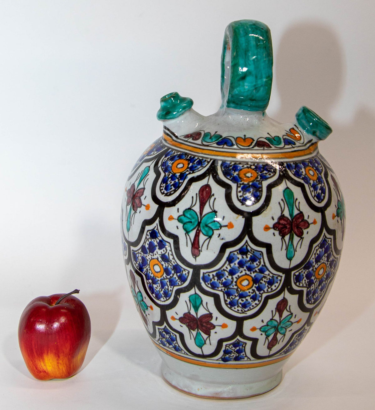 Vintage 1940s Moroccan Fez Polychrome Ceramic Water Moorish Hand-Painted Jug