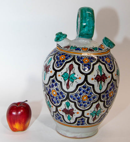 Vintage 1940s Moroccan Fez Polychrome Ceramic Water Moorish Hand-Painted Jug