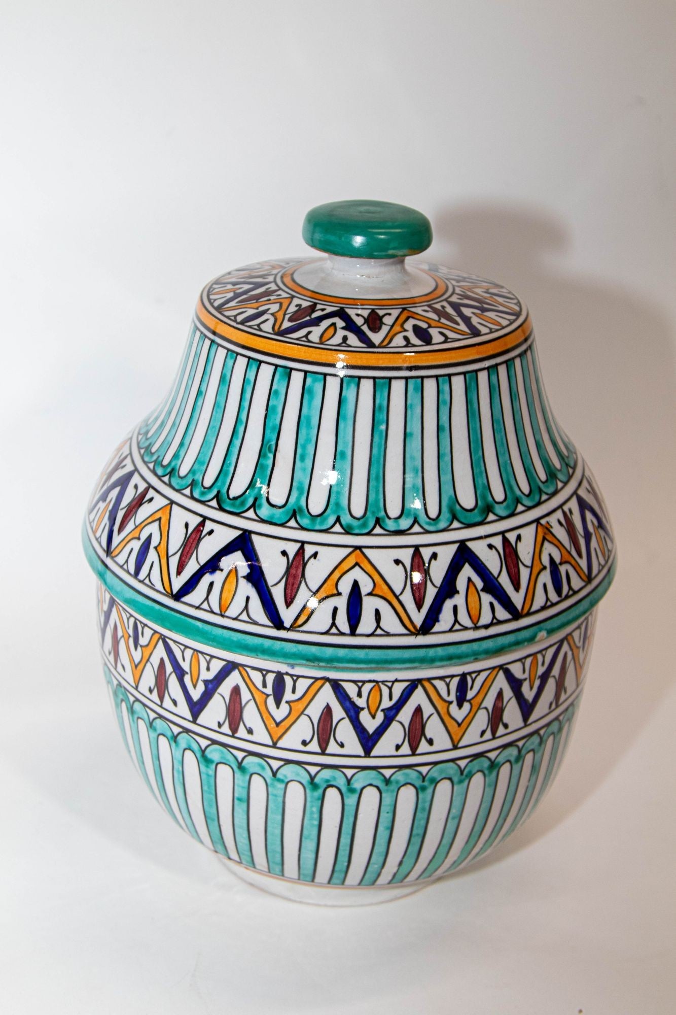 Moroccan Ceramic Covered Jar Handcrafted in Fez Morocco 1950s
