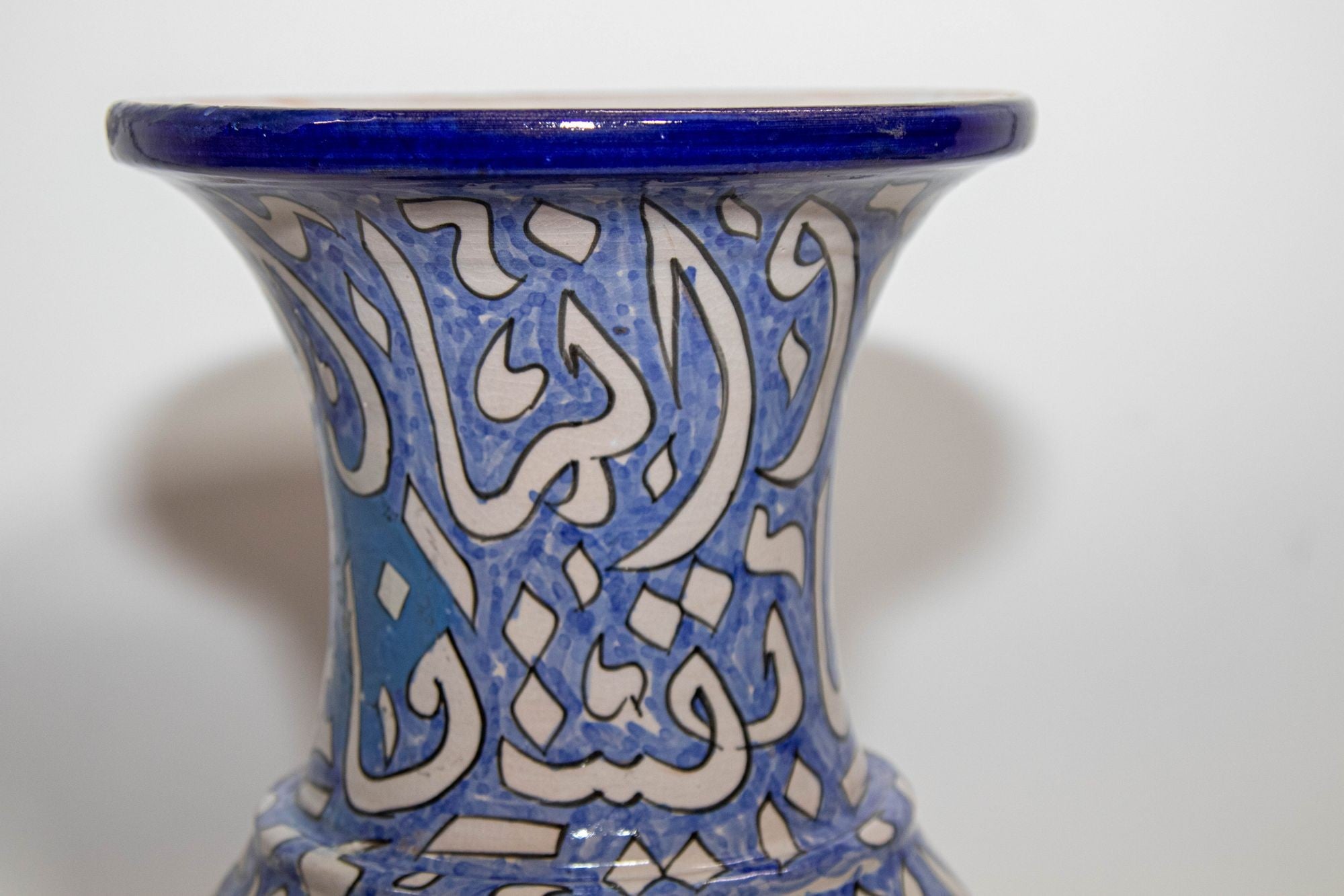 Moroccan Glazed Ceramic Vase with Arabic Blue Writing from Fez Morocco