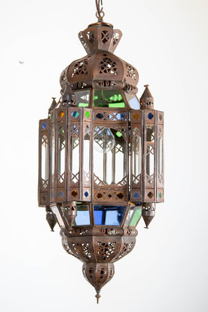 Vintage Moroccan Traditional Moorish Metal and Glass Lantern Ceiling Light