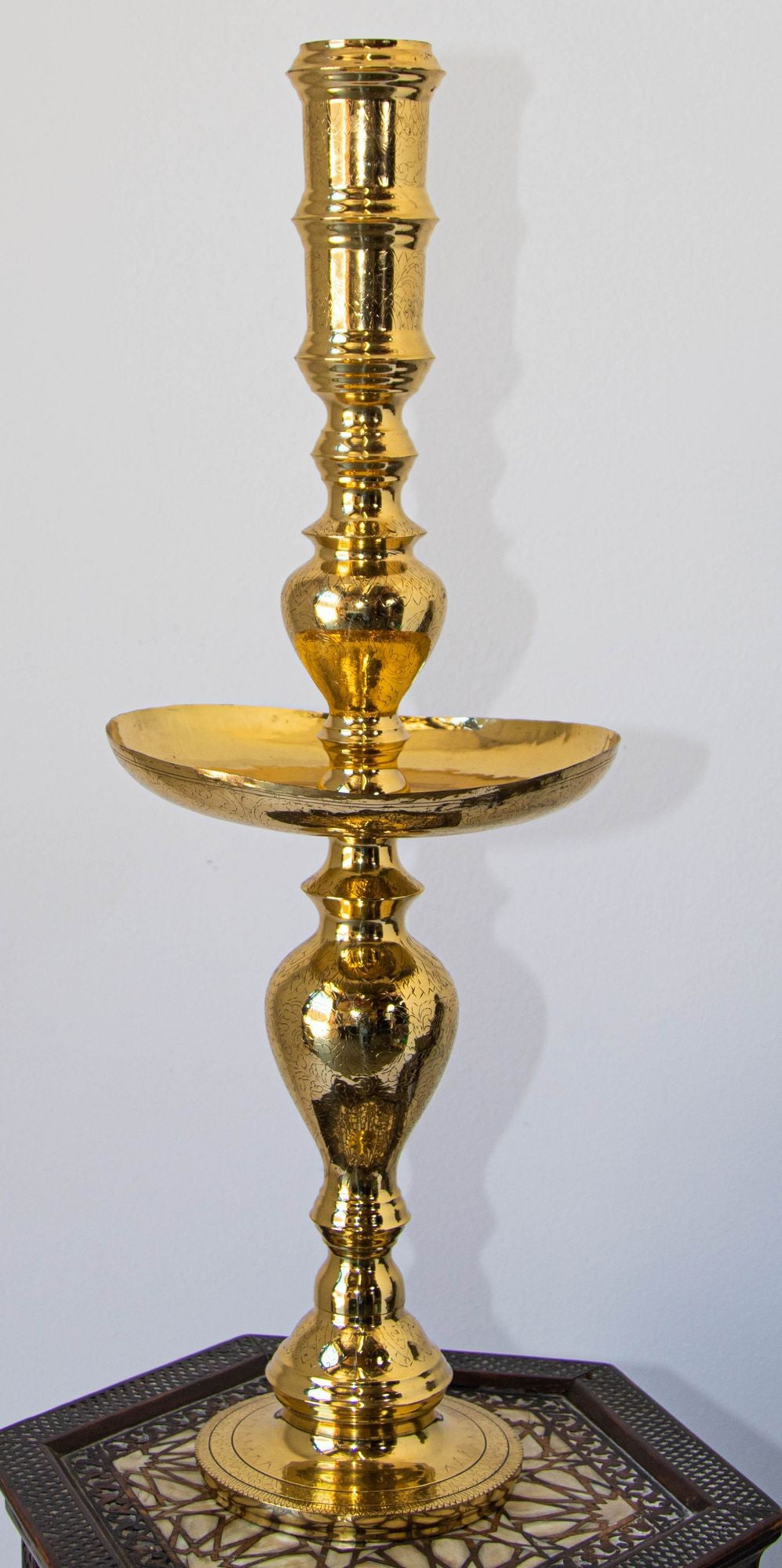 Vintage Polished Brass Moroccan Pillar Candle Holder