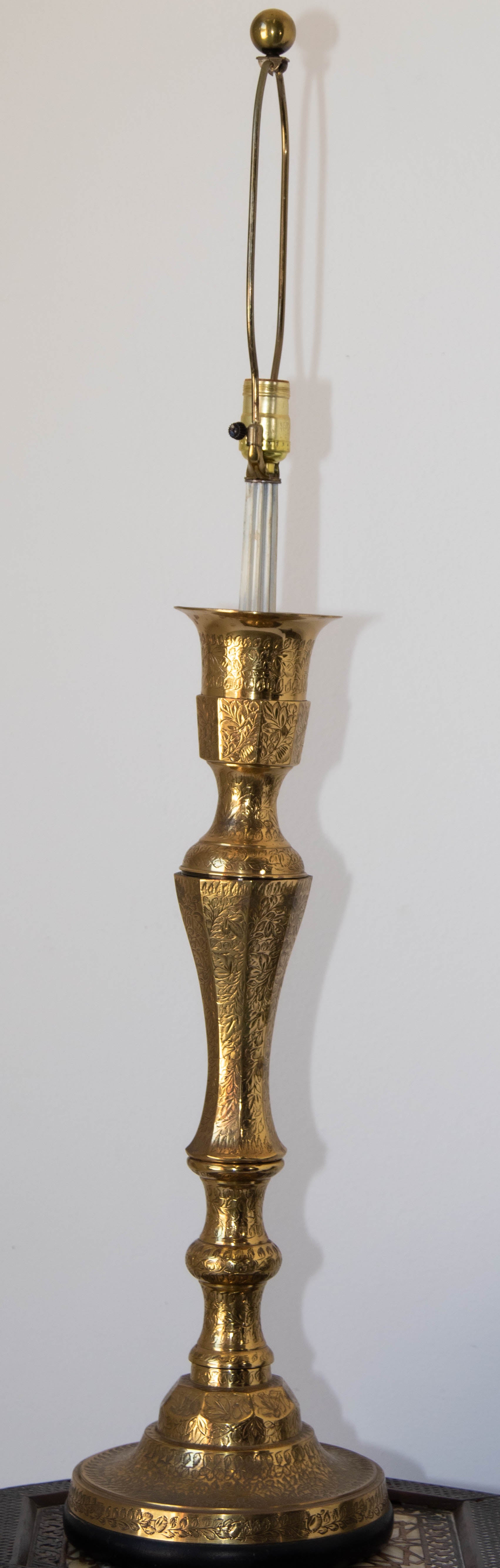 Vintage Polished Etched Solid Brass Candle Holder Table Lamp India
