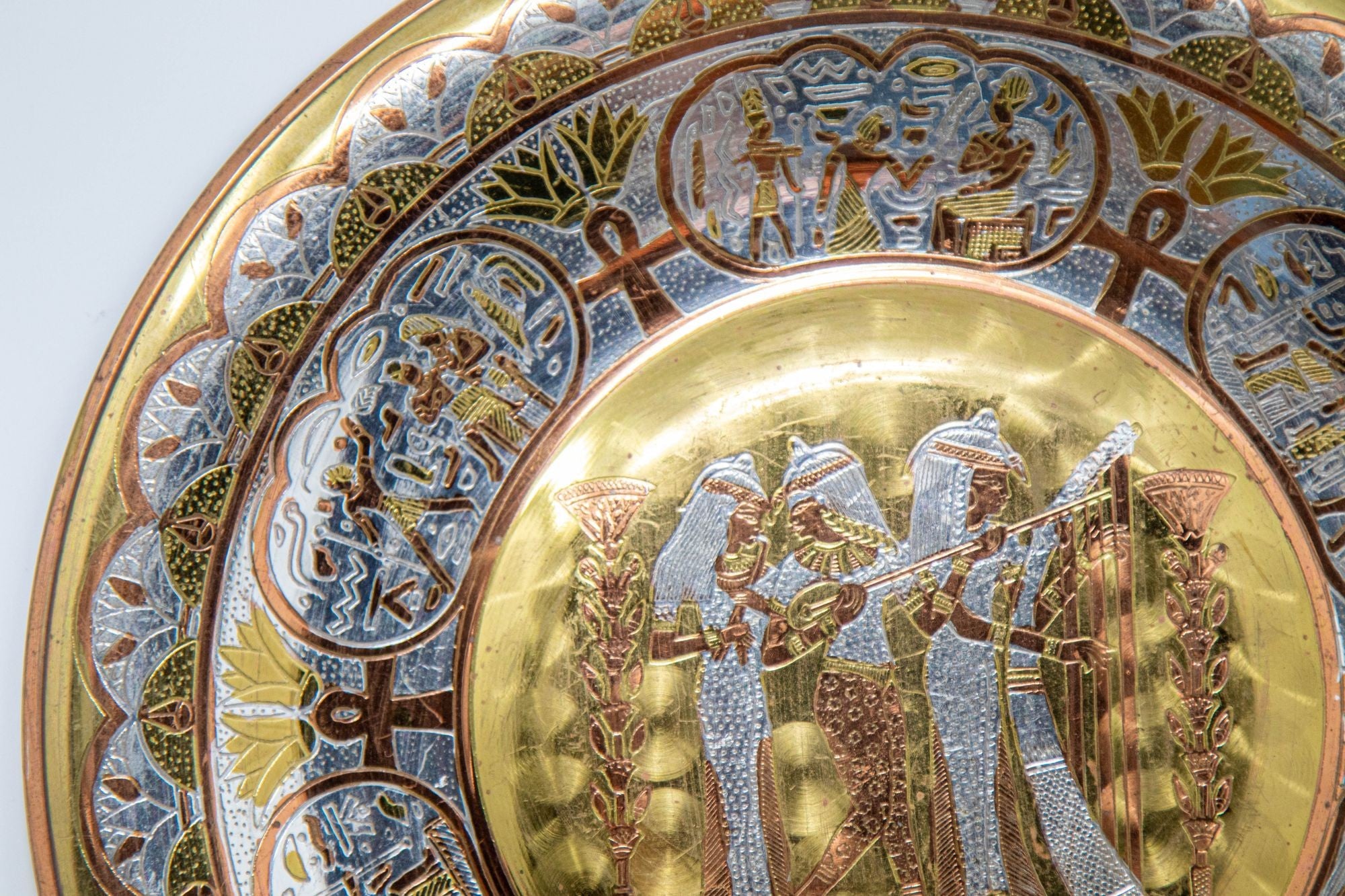 Egyptian Round Brass Tray with Silver and Copper Overlay Wall Hanging 1970