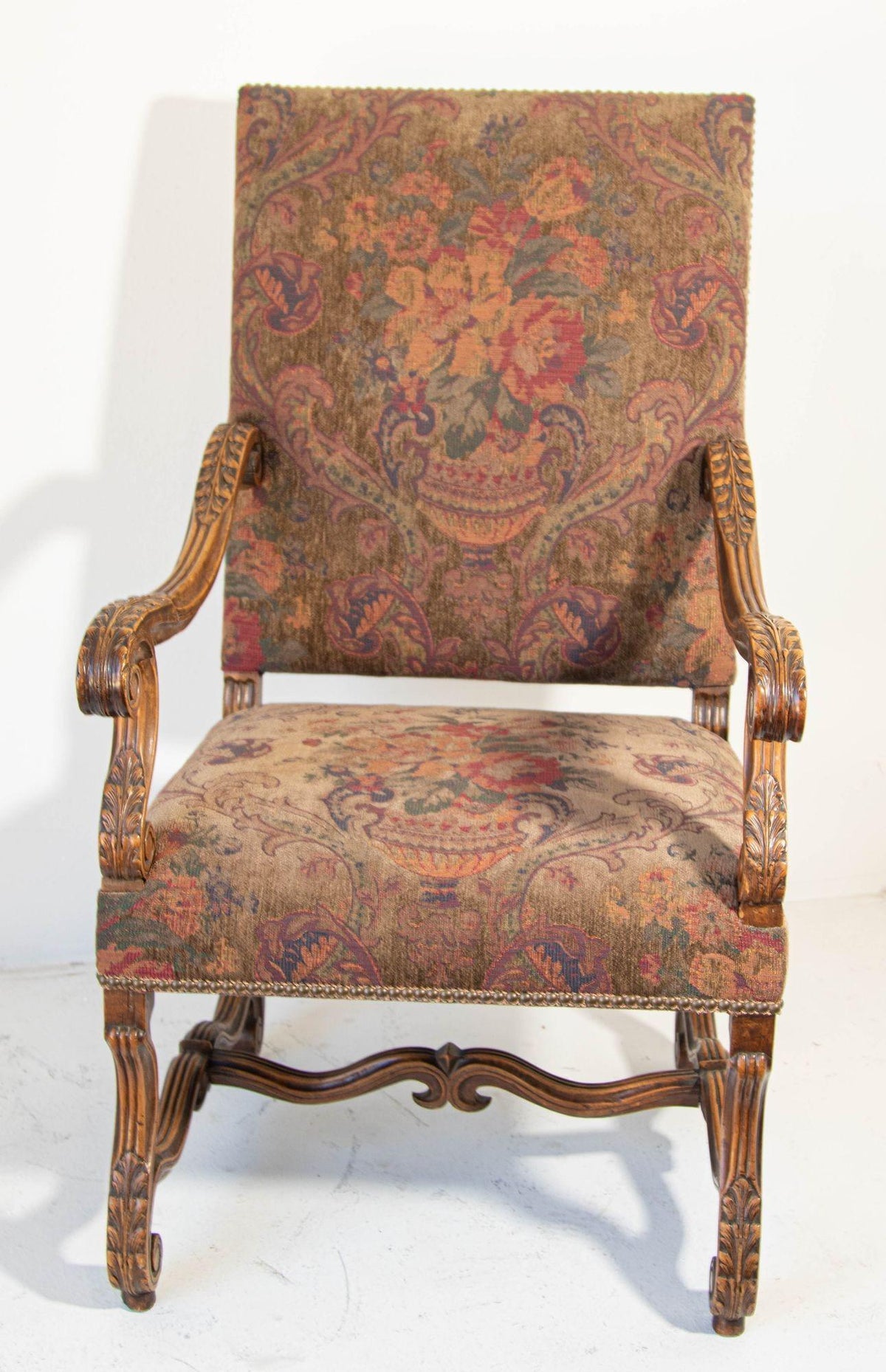 French Baroque Walnut Armchairs with Aubusson Upholstery, Circa 1930 — detail view 4