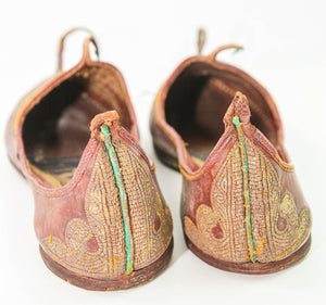 Antique Leather Mughal Raj Ottoman Moorish Shoes Gold Embroidered