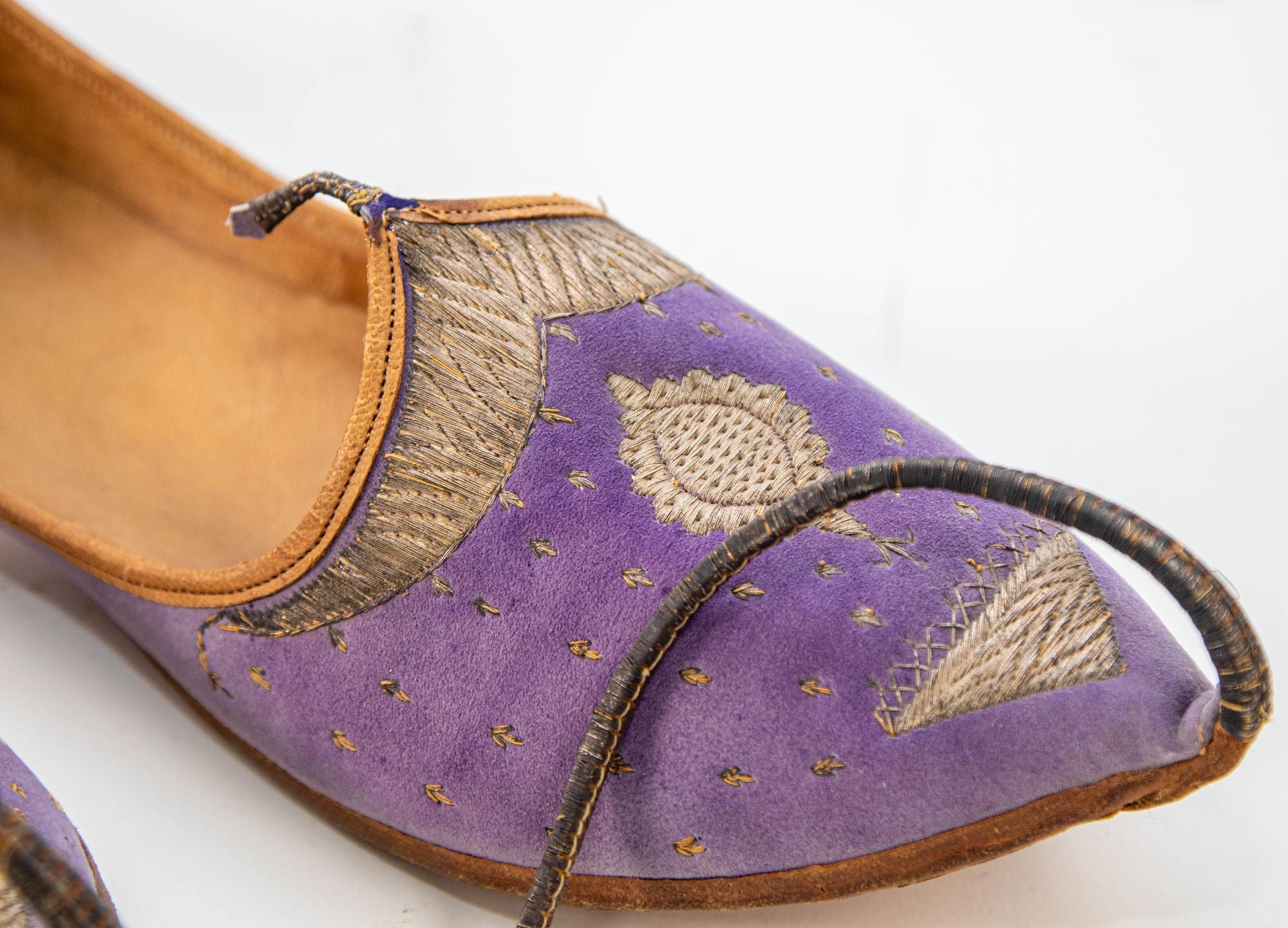 Antique Leather Purple Velvet Suede Mughal Raj Moorish Shoes Gold Embroidered