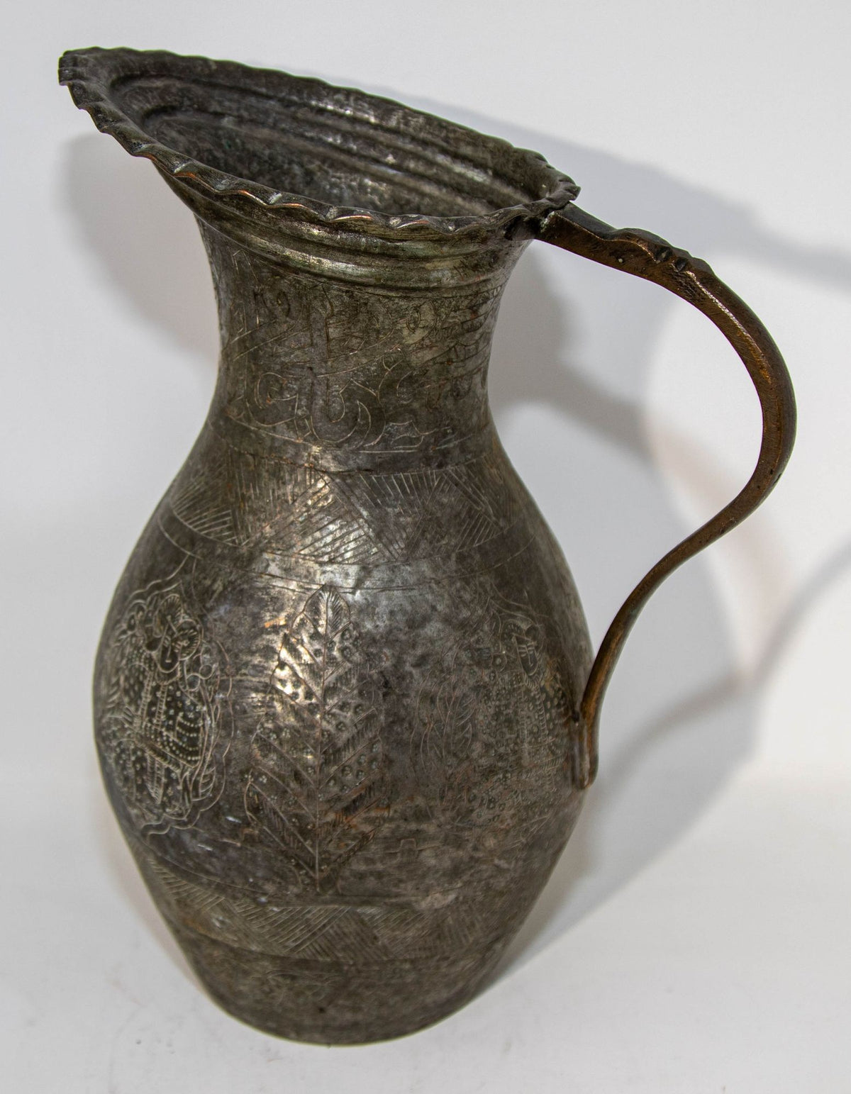19th Century Persian Qajar Engraved Tinned Copper Ewer Pitcher