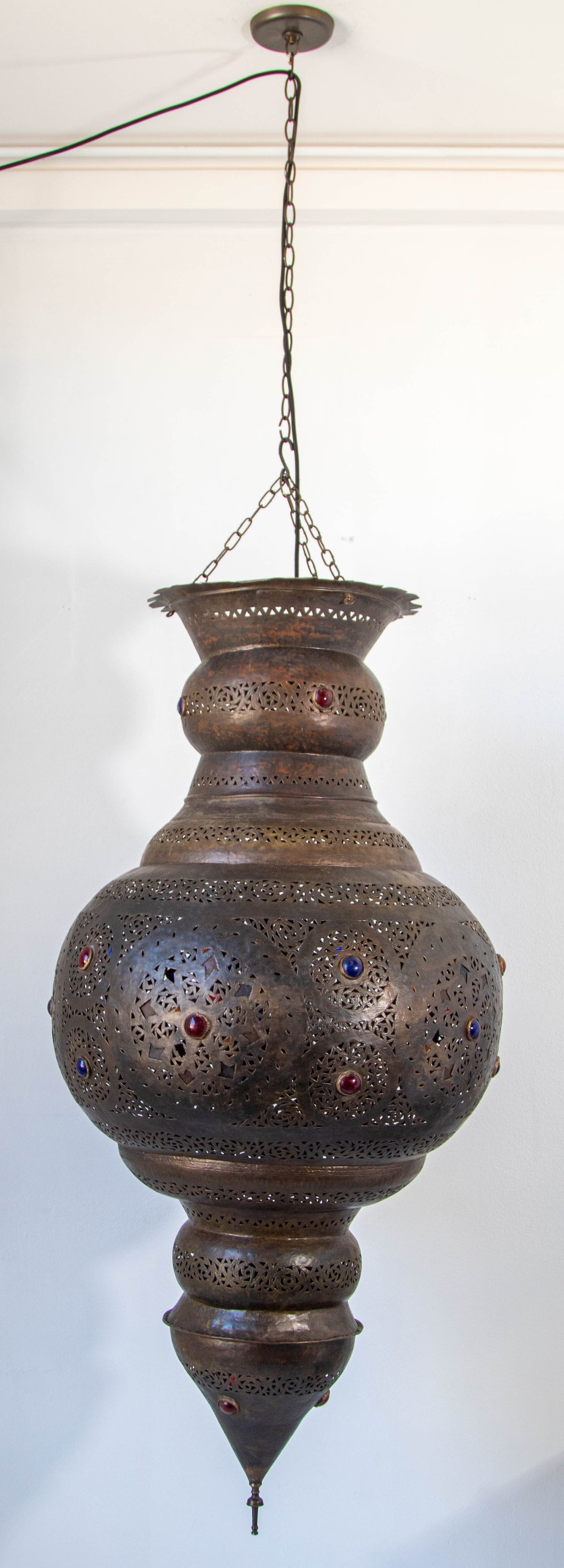 Large Moroccan Moorish Pierced Brass Chandelier with Colored Glass, circa 1940