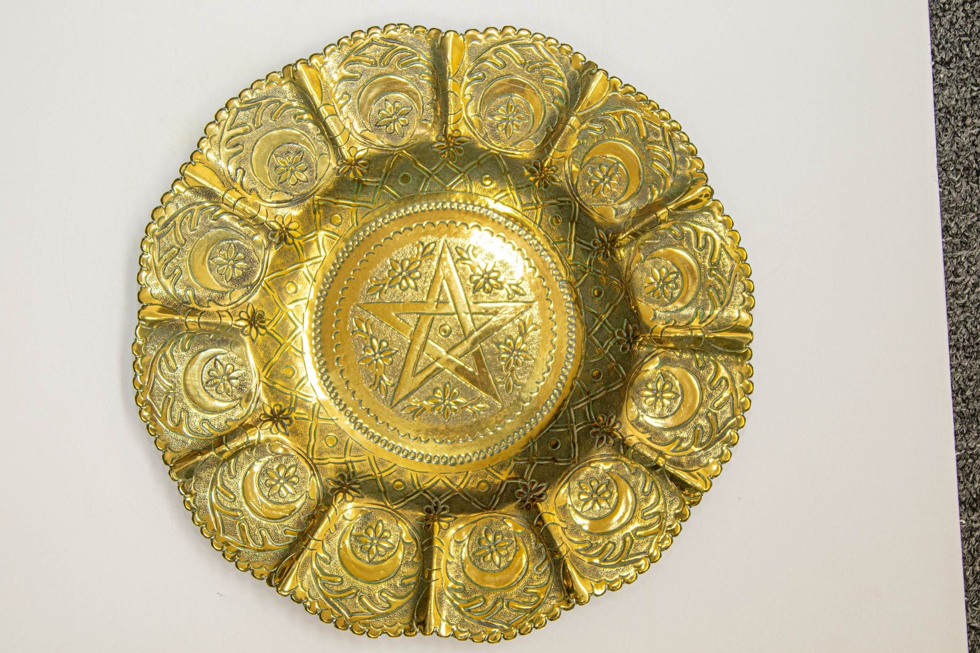 1950s Moroccan Brass Tray with Star and Moon Pattern 13 in. Diameter