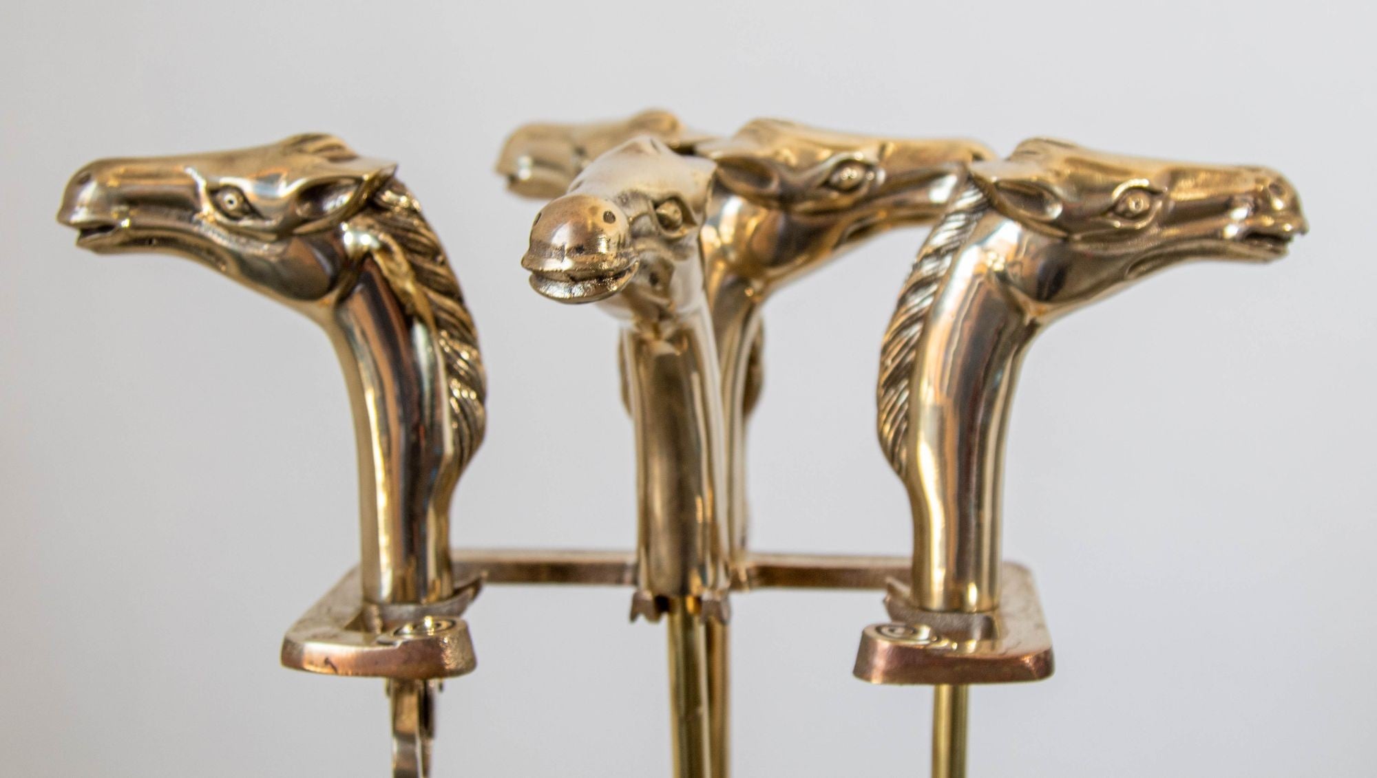 French Brass Horse Head Fireplace Tool Set Equestrian Hollywood Regency Style