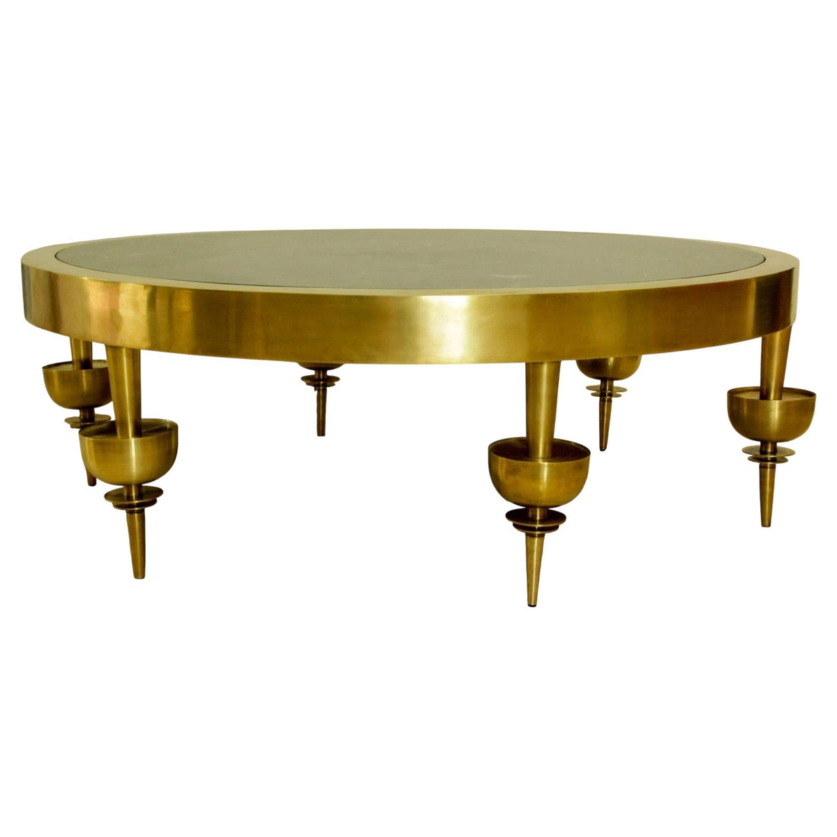 Custom Modernist Art Deco Polished Brass & Green Marble Round Coffee Table, 2010 — detail view 12