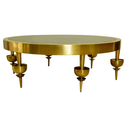 Custom Modernist Art Deco Polished Brass & Green Marble Round Coffee Table, 2010 — detail view 12
