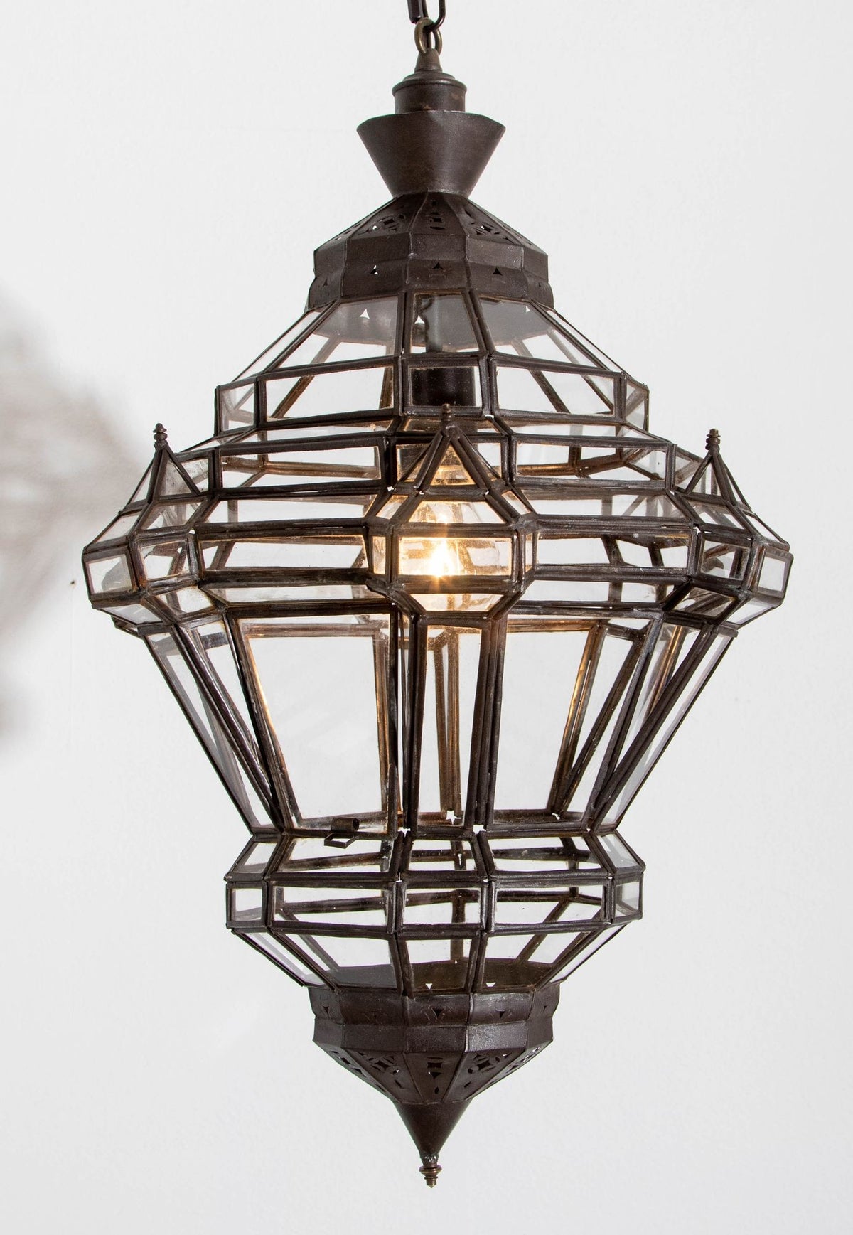 Vintage Moroccan Glass Lantern, Moorish Style Metal Fixture, 1980s