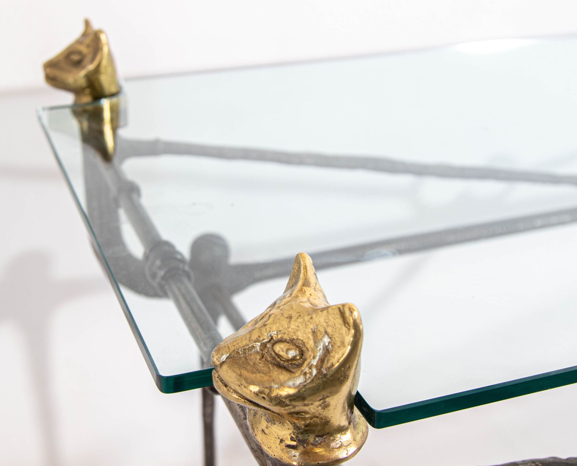 Giacometti Style Sculptural Brutalist Iron and Glass Console Table With Cat Head