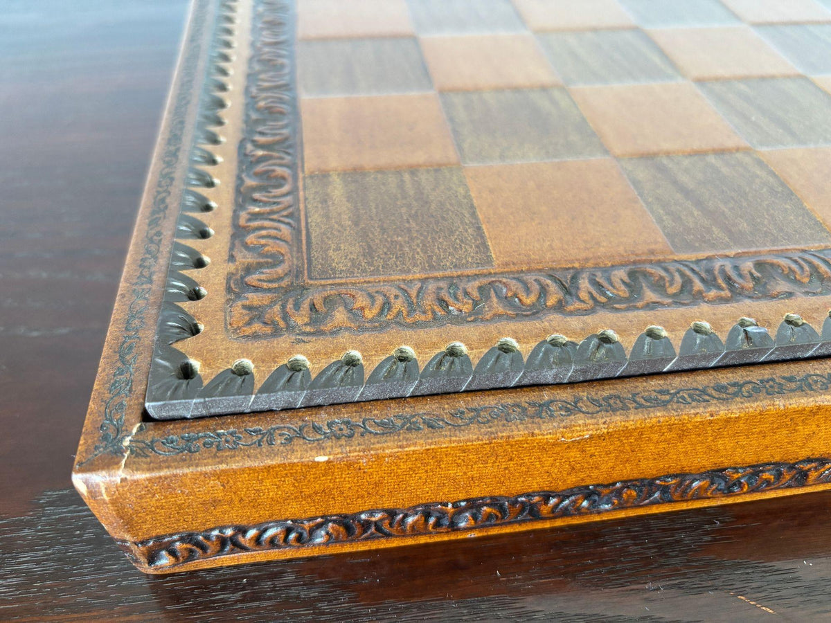 Italian Roman-Style Chess Set Cast Metal and Leather Leather Board Circa 1960 — detail view 4
