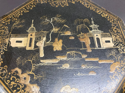 Large Chinese Tea Box Black Lacquered Gilt Hand Painted Octagonal Box 1940s