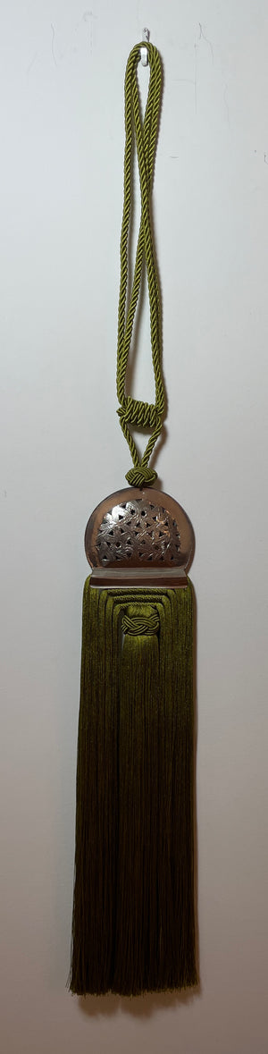 Large Moroccan Silk Handmade Tassel Passementerie Curtain Tieback in Olive Green