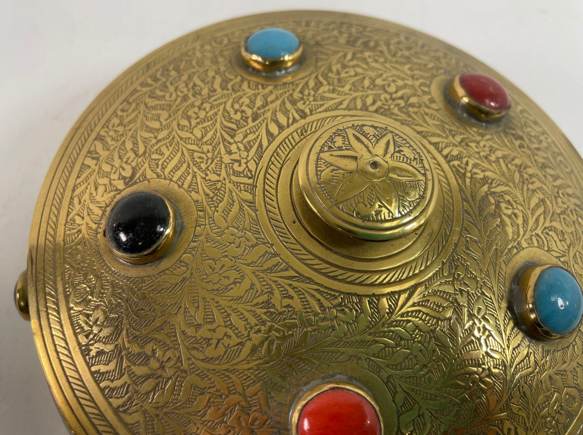 Vintage Moroccan Jewelled Trinket Brass Round Box with Beads