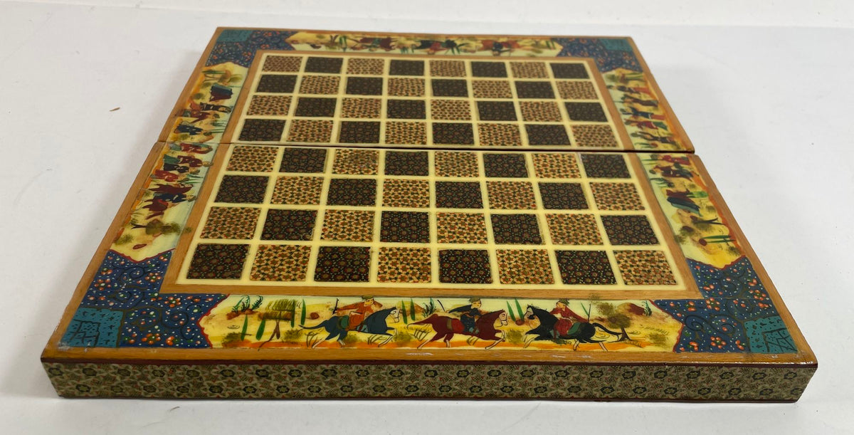 Vintage Persian Micro Mosaic Chess Box, Handcrafted Fruitwood, 1950s