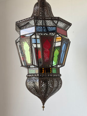 Moroccan Moorish Large Hanging Light Fixture Colored Glass Lantern