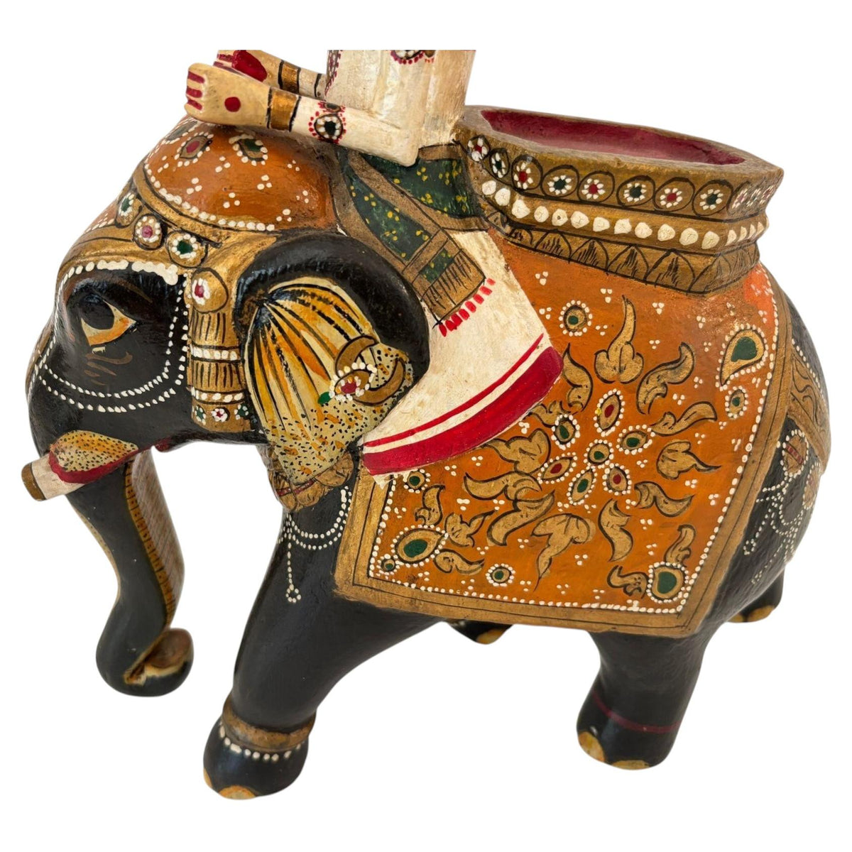 Antique Anglo-Raj Hand-Carved Teak Elephant with Rider Polychrome Sculpture — additional view 13