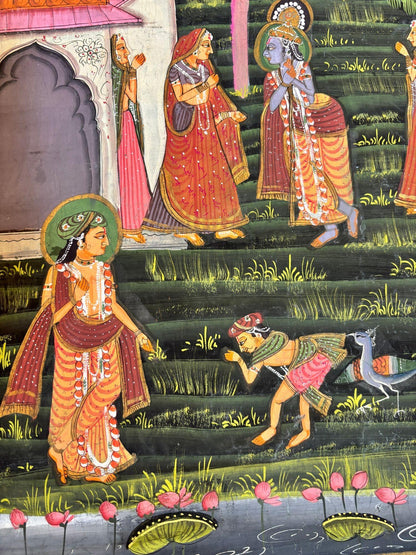 Vintage Rajasthani Krishna & Gopis Gouache and Gold Painting on Cloth — additional view 4