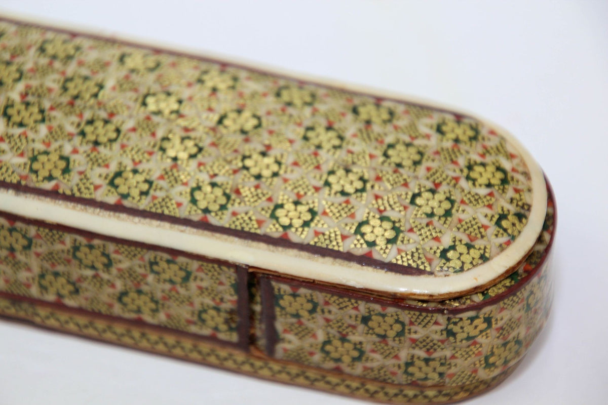 Antique Khatam Wooden Pen Box, Handcrafted Islamic Design, 1930s