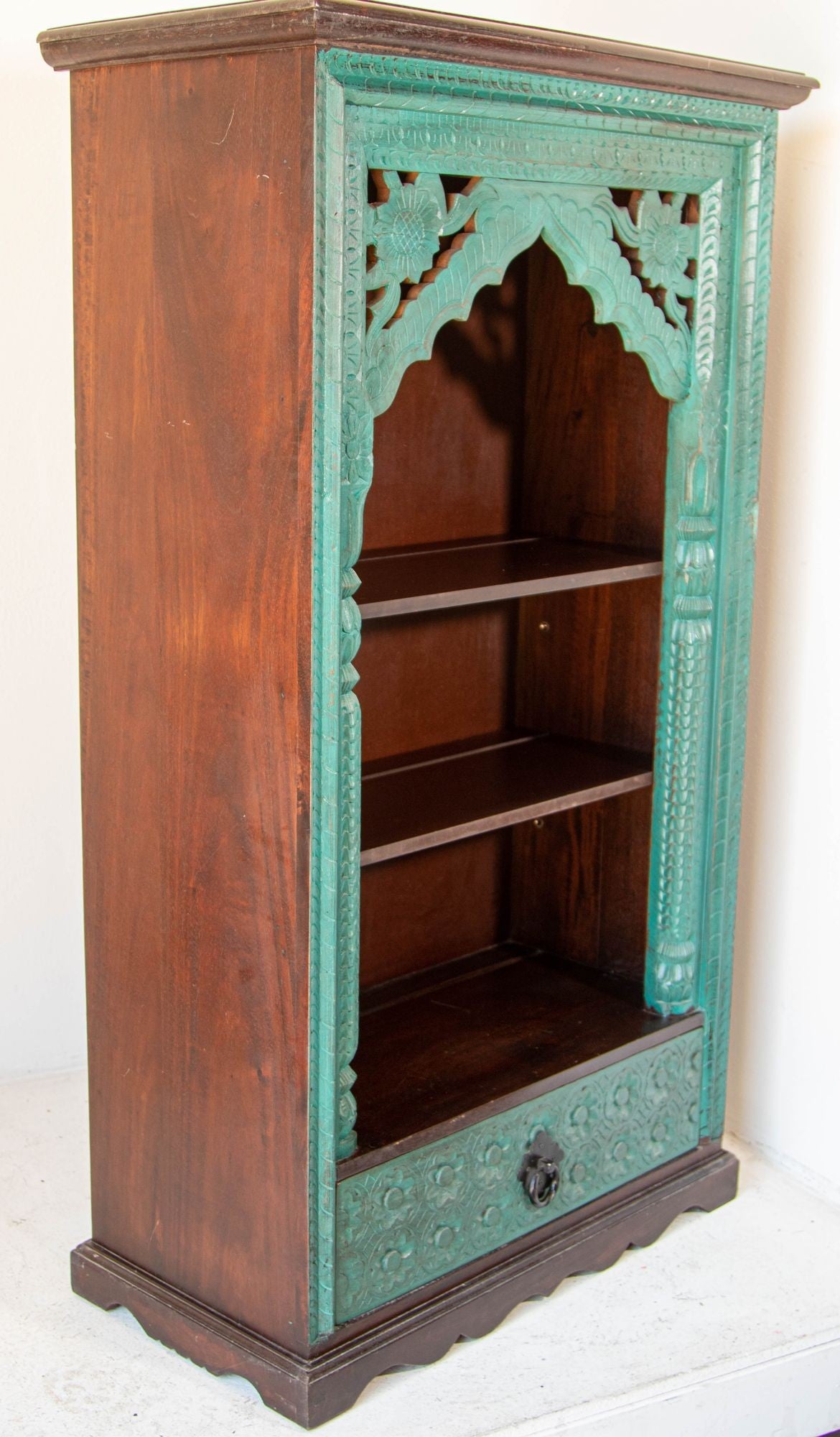 Hand-Carved Arch Bookshelf Wooden Cabinet in Rustic Blue