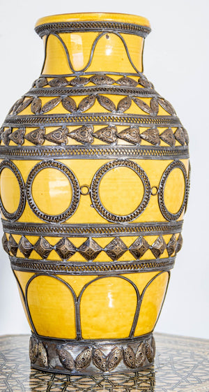 Antique Moroccan Ceramic Vase Bright Yellow with Metal Moorish Filigree overlaid