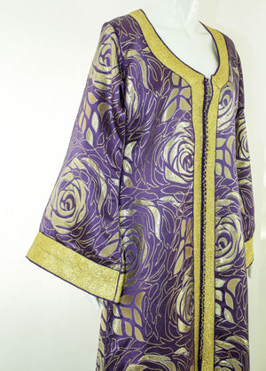 Moroccan Caftan Purple and Gold Damask Embroidered Vintage Kaftan 1960s