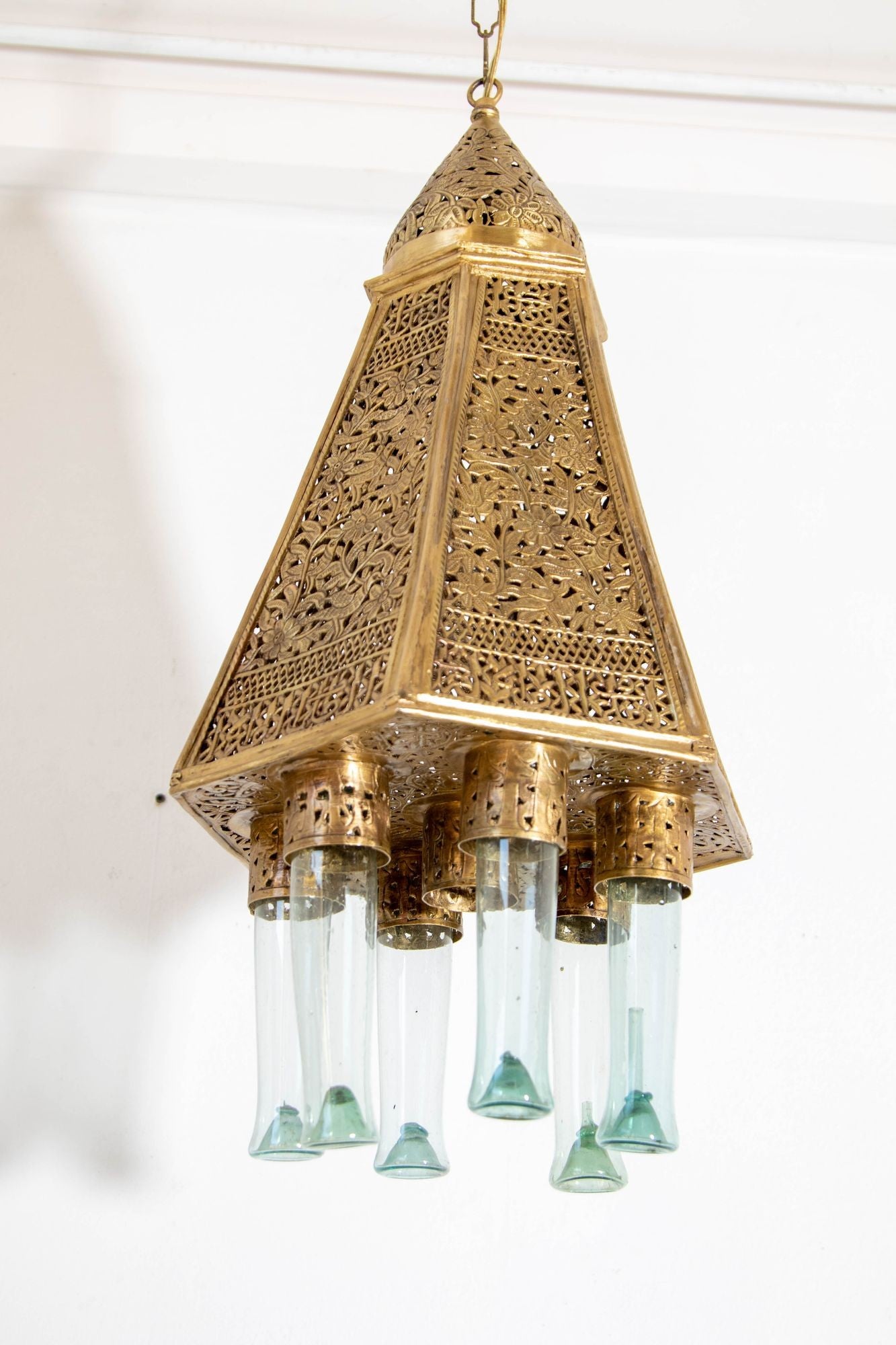 Antique Mamluk Turkish Pierced Brass Hanging Hexagonal Pendant Light Fixture