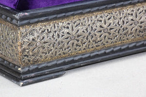 Vintage Moroccan Settee Low Bench, Daybed with Purple Cushion