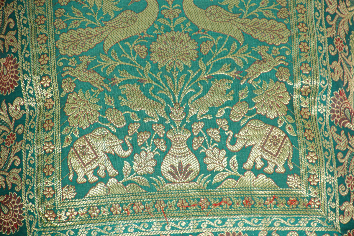 Emerald Green Exotic Silk Throw Pillow with Elephants and Peacocks India