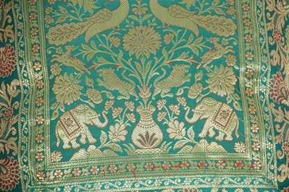 Emerald Green Exotic Silk Throw Pillow with Elephants and Peacocks India