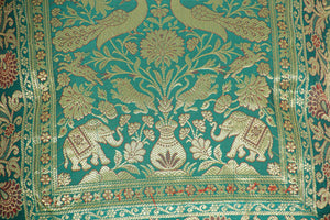 Emerald Green Exotic Silk Throw Pillow with Elephants and Peacocks India